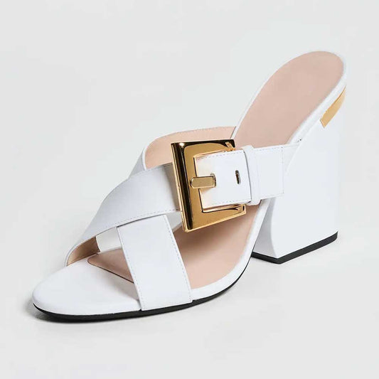 White Open Toe Gold-Tone Buckle Strap Chunky Heel Mules Sandals