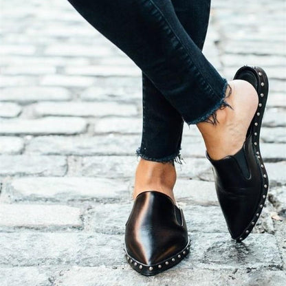 Stylish Black Pointed-Toe Studded Trim Flat Mule Loafers