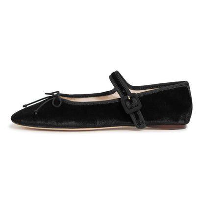 Black Velvet Round Toe Buckle Strap Mary Jane Flats with Bow Tie