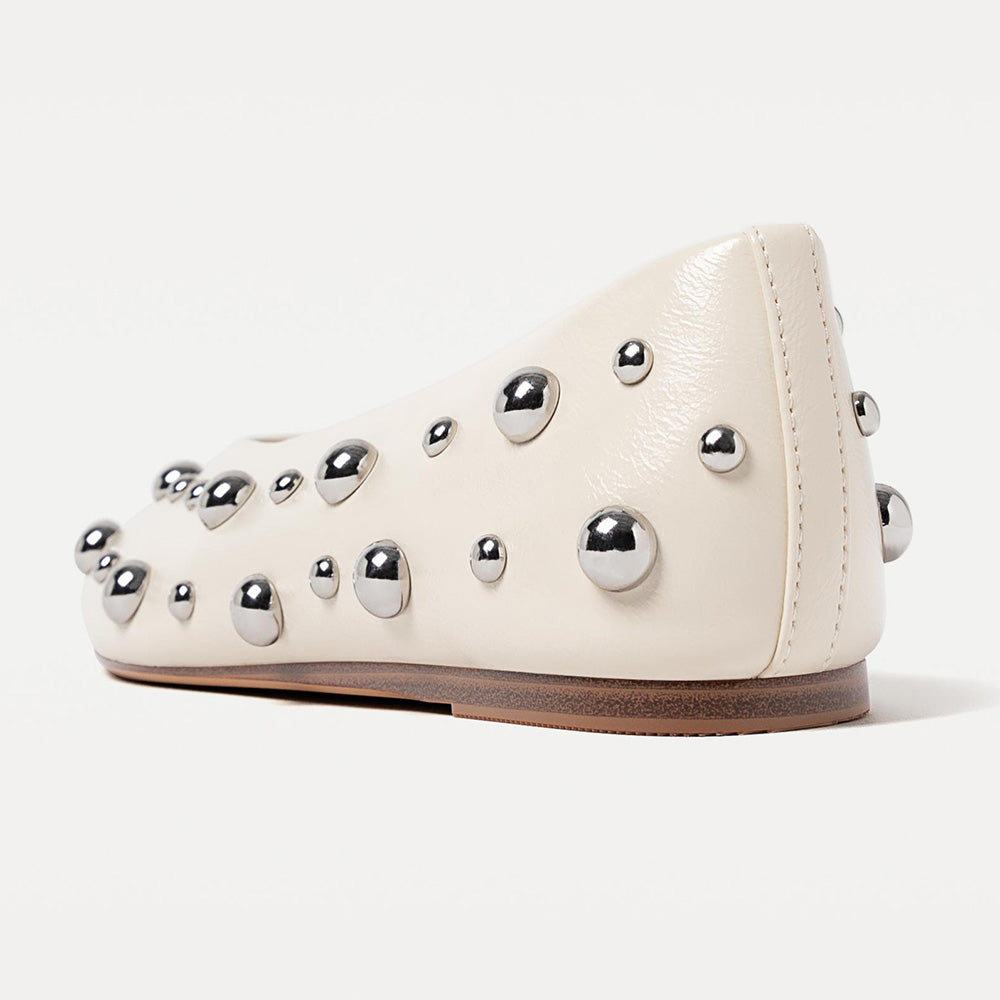Women's Fashion Ivory Round Toe Stud Embellished Ballet Flats