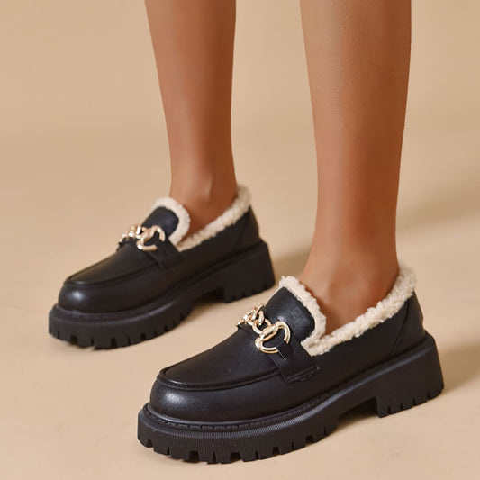 Black Lug Sole Shearling-Trimmed Horsebit Chunky Loafers for Women
