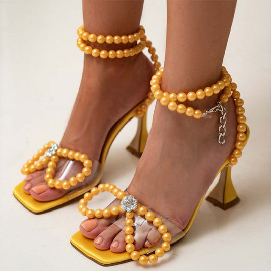 Yellow Pearl Shoes Square Toe Sandals Women's Transparent Strap Bow Heels