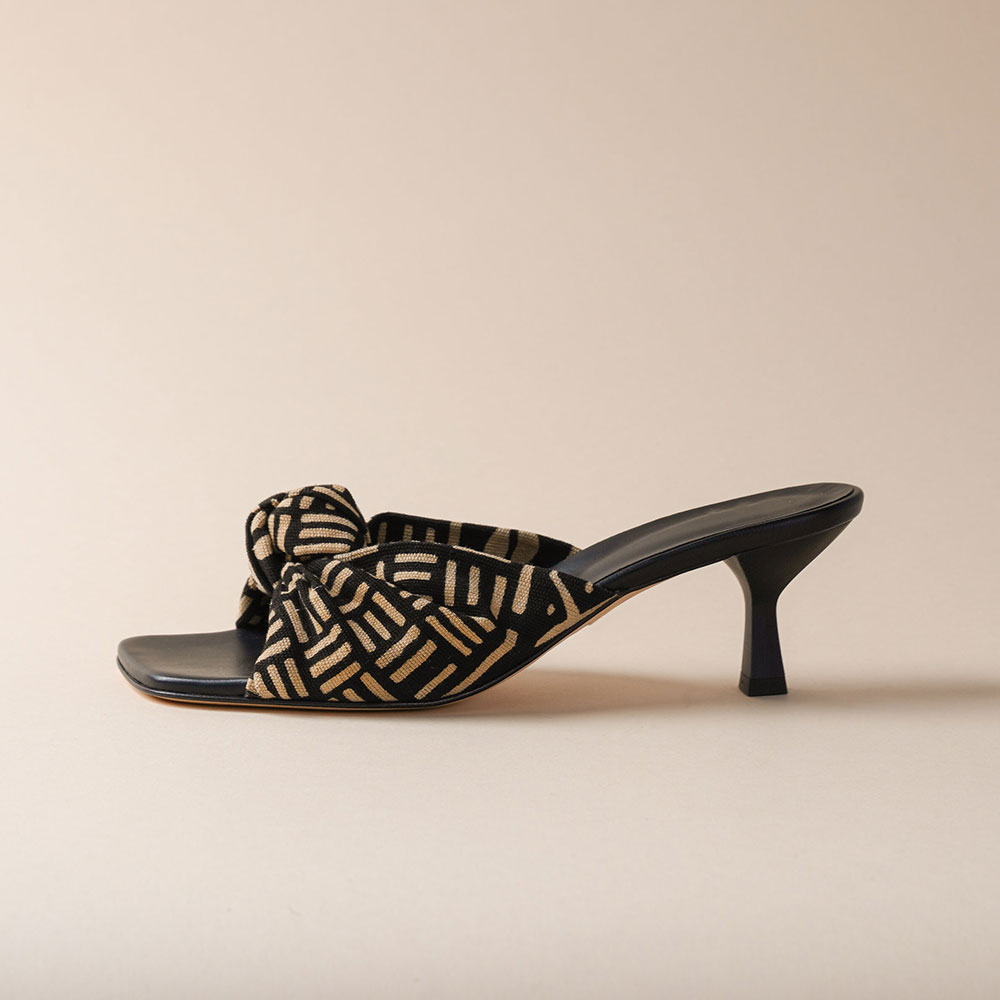 Black & Beige Square Toe Kitten Heel Wide Band Knot Mules