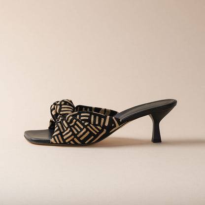 Black & Beige Square Toe Kitten Heel Wide Band Knot Mules