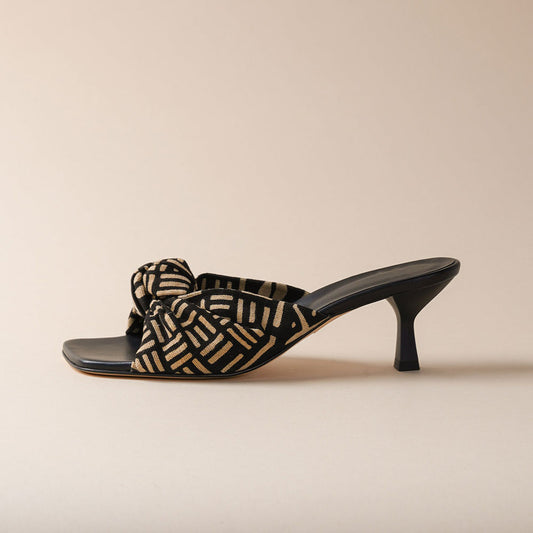 Black & Beige Square Toe Kitten Heel Wide Band Knot Mules