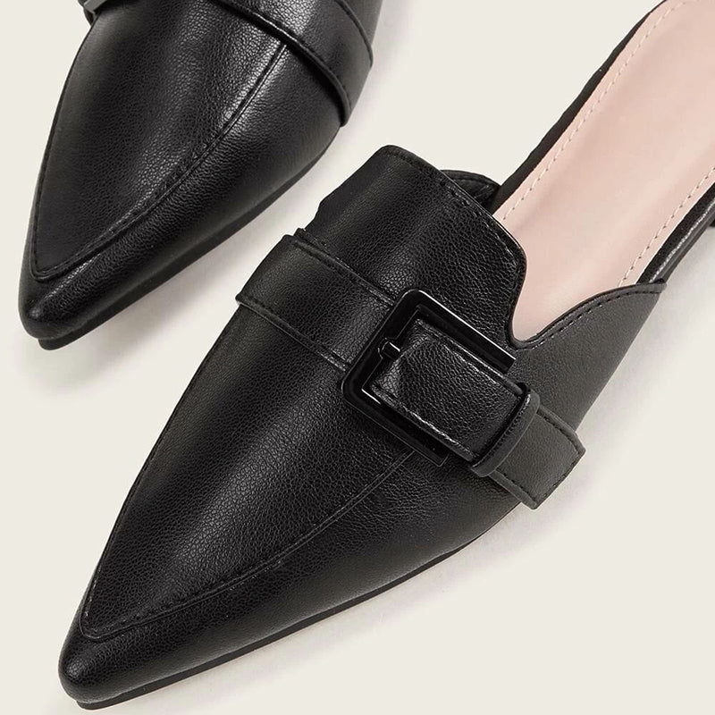 Black Pointed Toe Flats Buckle Mule Loafers for Women