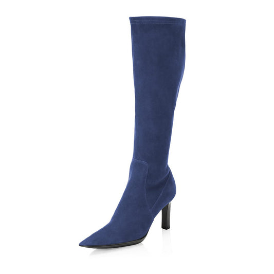 Blue Faux Suede Pointed Toe Stretch Chunky Heel Knee High Boots