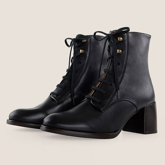 Black Round Toe Chunky Heeled Ankle Boots with Lace-Up Detail