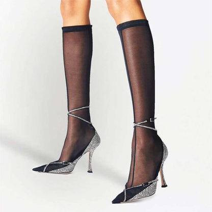 Black Mesh Rhinestone Crisscross Straps Flared Heel Knee High Boots
