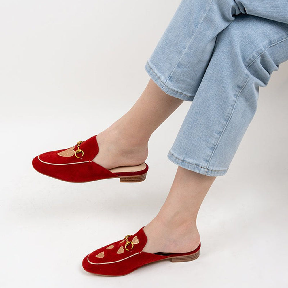 Red Vegan Suede Heart Embroidered Horsebit Mule Loafers