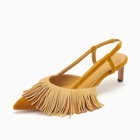 Yellow Pointed Toe Velvet Kitten Heels Fringe Slingback Pumps