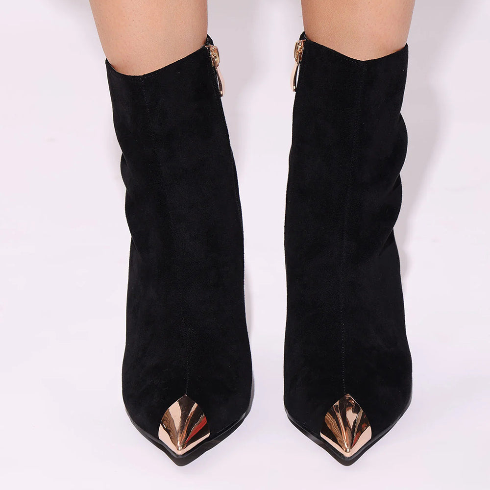 Black Faux Suede Closed Toe 4'' Flared Heel Ankle Boots