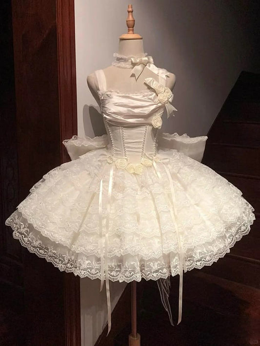 Vintage Beige 3D Flower Bow Design Lace Tulle Tiered Homecoming Dress TP3954