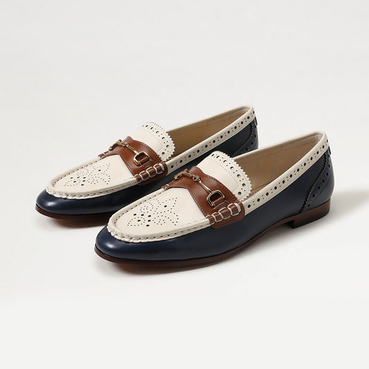 Navy and Ivory Patchwork Horsebit Decor Flat Women's Loafers