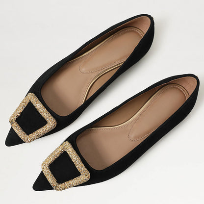 Delicate Gold Buckle Decor Pointed Toe Women's Dress Flats in Black