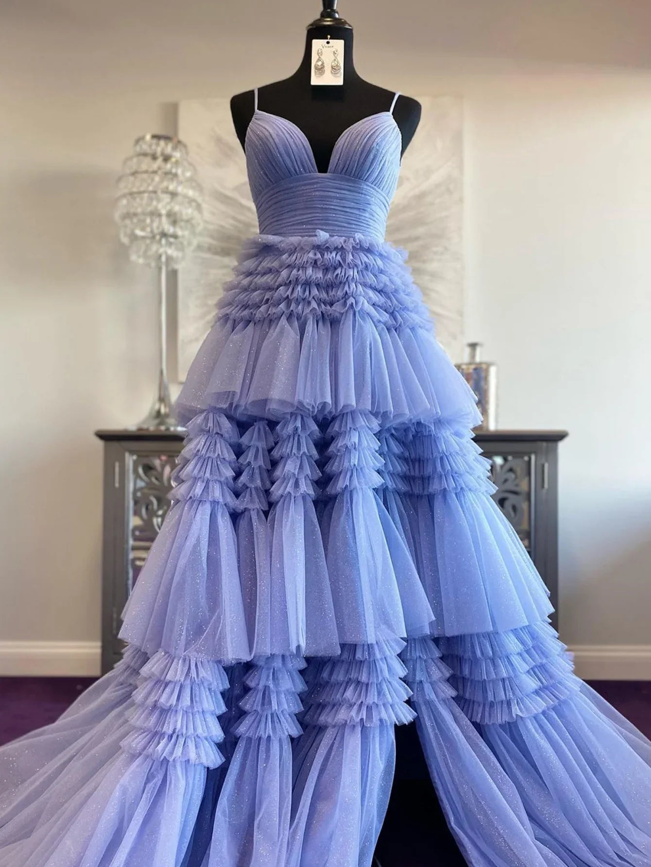 Spaghetti Straps V-Neck Layers Formal Party Prom Dresses