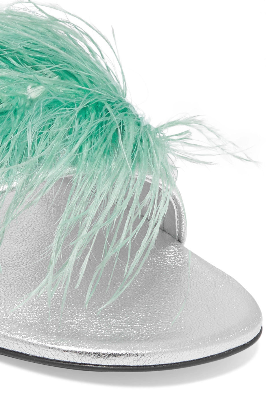 Stylish Silver Open Toe Flats Turquoise Faux Feather Slide Sandals