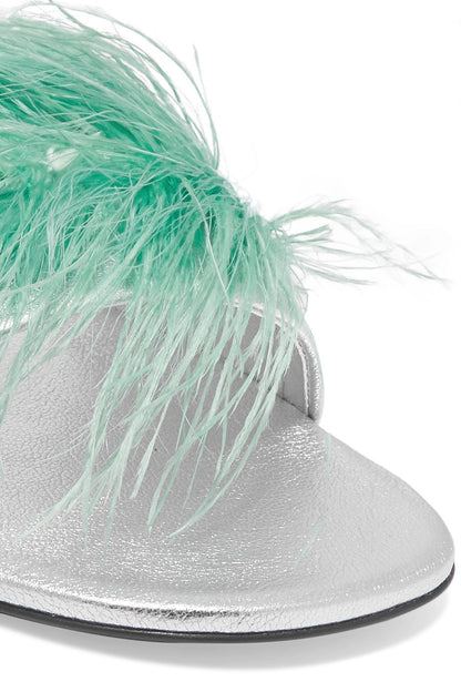 Stylish Silver Open Toe Flats Turquoise Faux Feather Slide Sandals