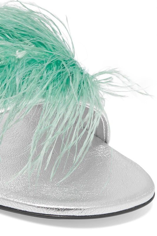 Stylish Silver Open Toe Flats Turquoise Faux Feather Slide Sandals