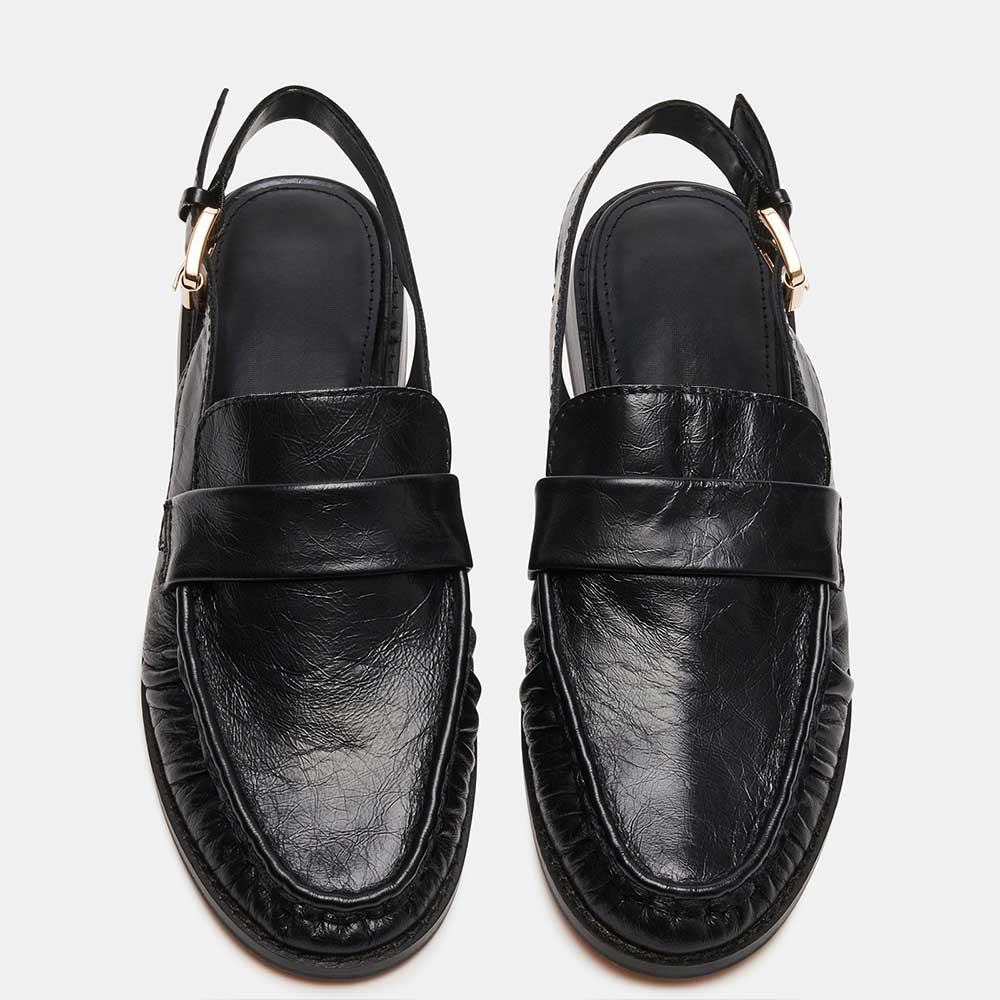 Black Vegan Leather Round Toe Flat Buckled Slingback Formal Loafers