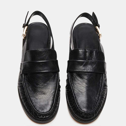 Black Vegan Leather Round Toe Flat Buckled Slingback Formal Loafers