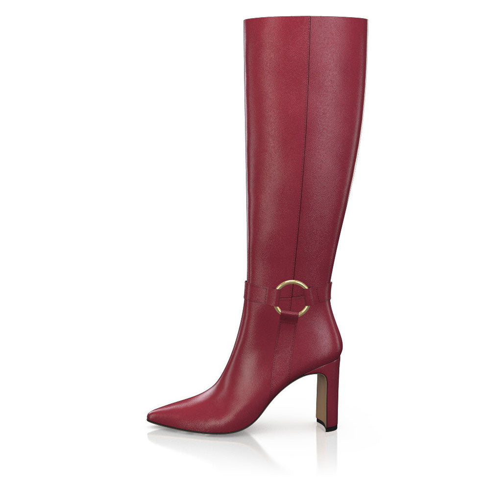 FSJ Burgundy Pointed Toe Heeled Knee High Boots with Ring Buckle