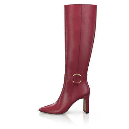 FSJ Burgundy Pointed Toe Heeled Knee High Boots with Ring Buckle