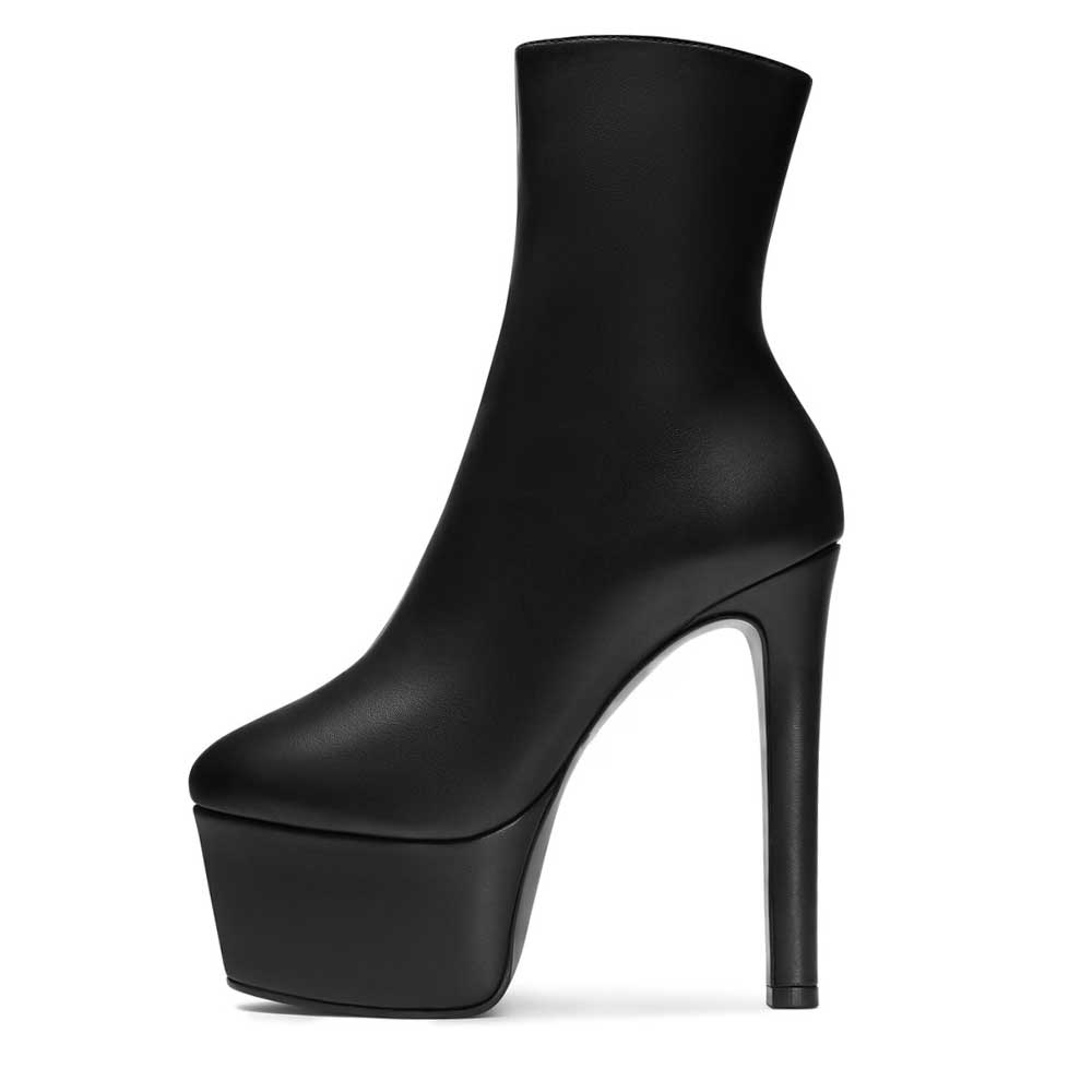 Almond Toe Side-Zipped Stiletto Heel Platform Ankle Boots in Black