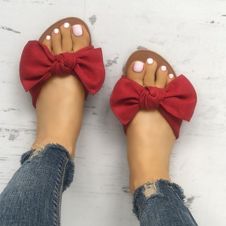 Red Summer Women's Slide Sandals Open Toe Flats with Bow