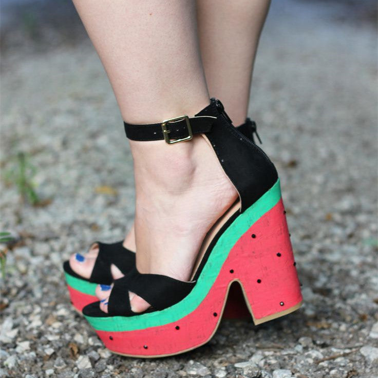 Summer Watermelon Peep Toe Platform Chunky Heels Ankle Strap Sandals