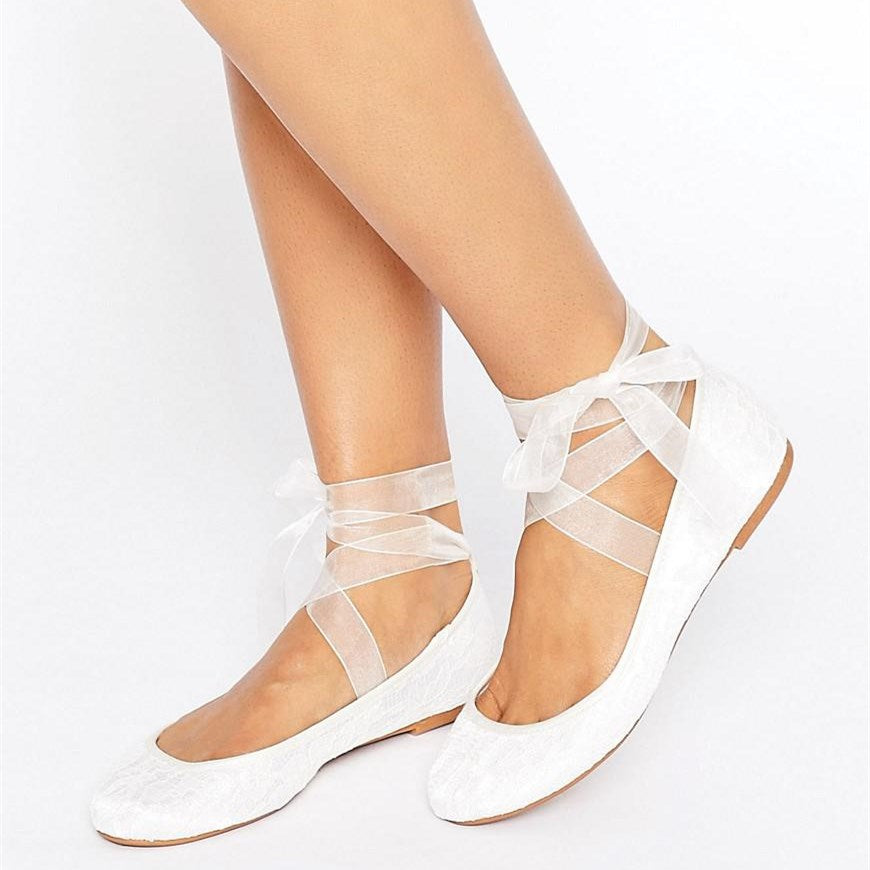 White Lace Ballet Flats Tulle Ribbon Strappy Wedding Shoes