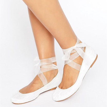 White Lace Ballet Flats Tulle Ribbon Strappy Wedding Shoes