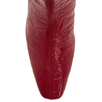 Red Crinkled Finish Square Toe Side-Zipper Heeled Knee High Boots