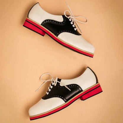 Black & White Vegan Leather Round Toe Lace Up Oxford Flats