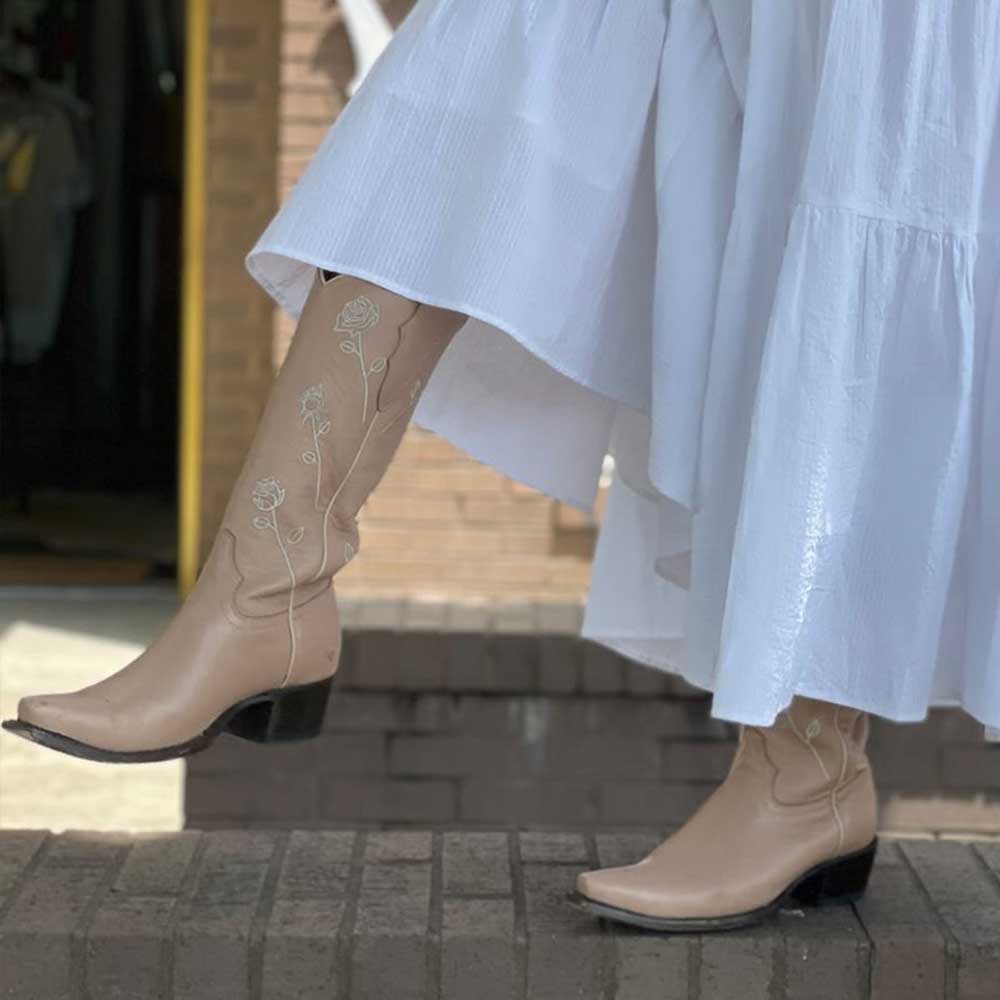 Nude Rose Embroidered Chunky Heel Mid-Calf Cowboy Boots for Women