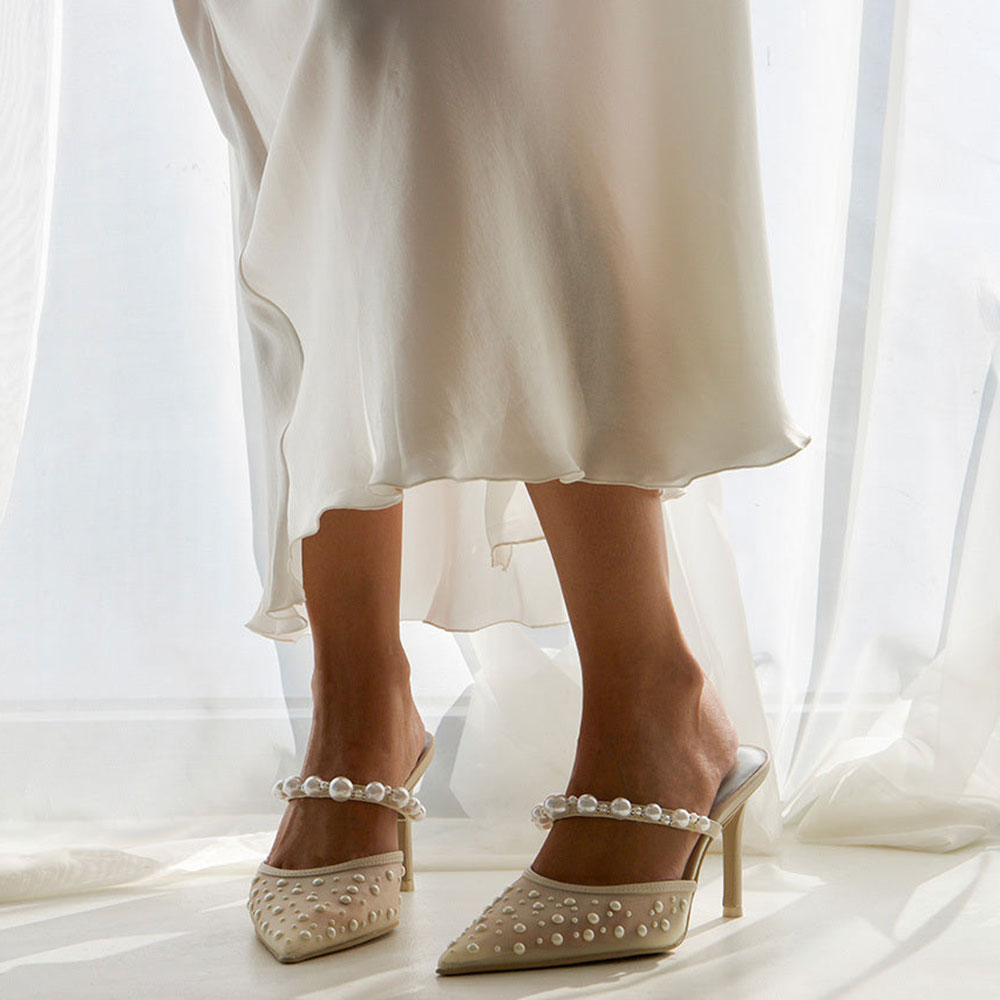 Beige Mesh Pointed Toe Pearl Embellished Wedding Shoes Mule Heels