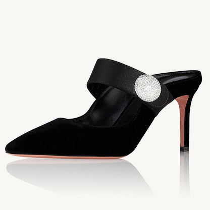 Black & Satin Velvet Pointed Toe Stiletto Heel Mules