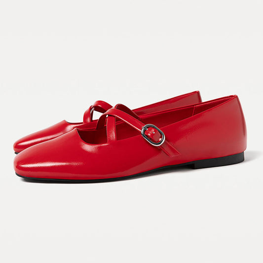 Women's Red Square Toe Cross Buckle Strap Elegant Ballet Flats