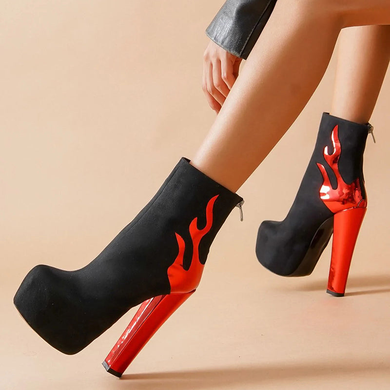 Black & Red Round Toe Ankle Boots Chunky Heel Halloween Shoes