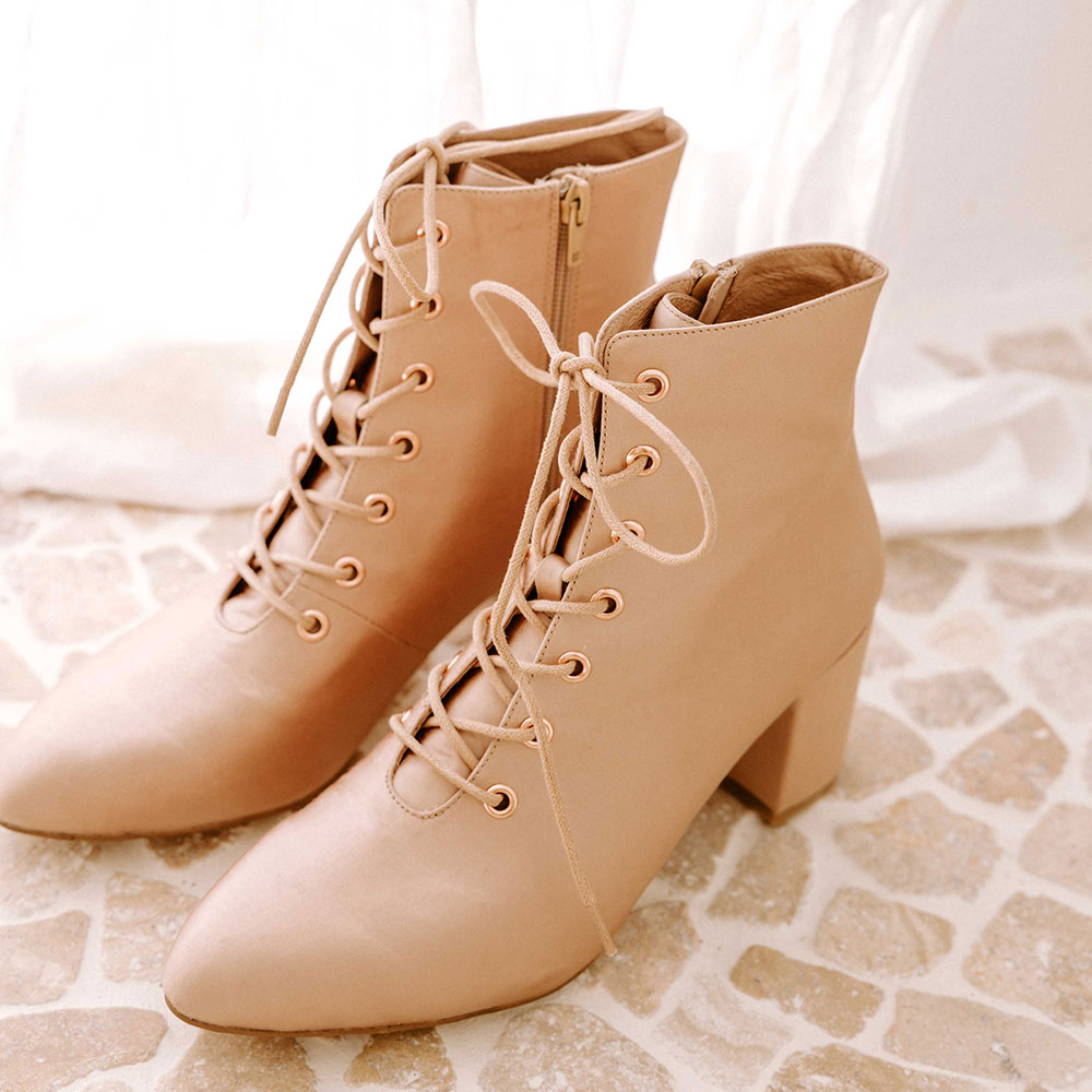 Beige Vegan Leather Pointed Toe Chunky Heel Lace-Up Ankle Boots