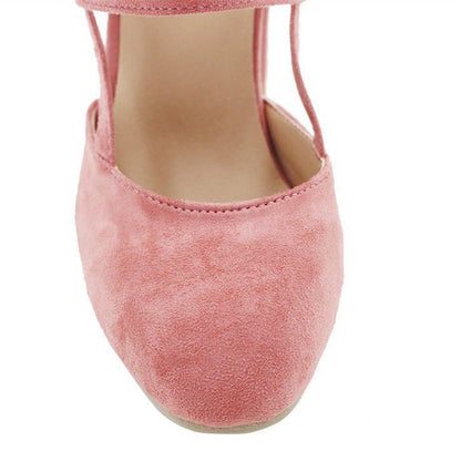 Women's Pink Vegan Suede Round Toe Strappy Block Heel Pumps by FSJ