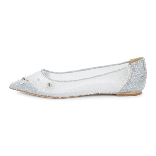 Stylish Silver Glitter Patchwork Pointed Toe Sequin Flower Flats