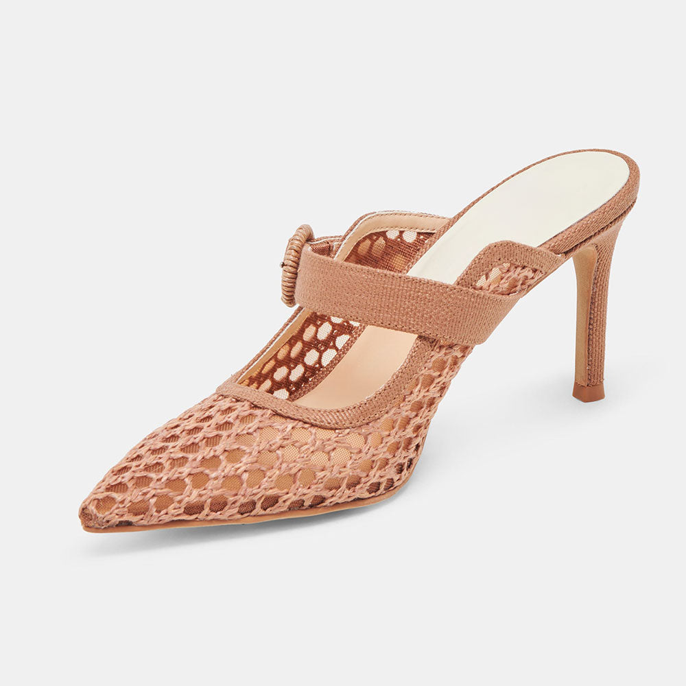 Brown Woven Raffia Pointed Toe Cut-Out Buckle Strap Mule Heels