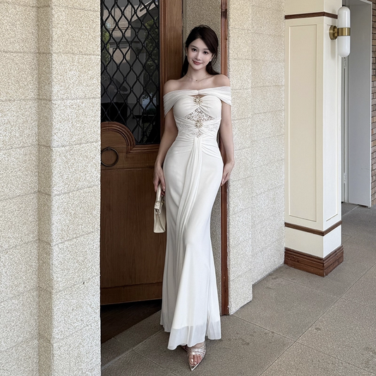 Gorgeous Ivory Off-the-shoulder Sweetheart Applique Beaded Mermaid Long Prom Dress Evening Dress TP4356