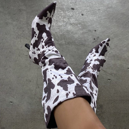 Women's Pointed Toe Cow Print Side Zipper Flared Heel Mid Calf Boots