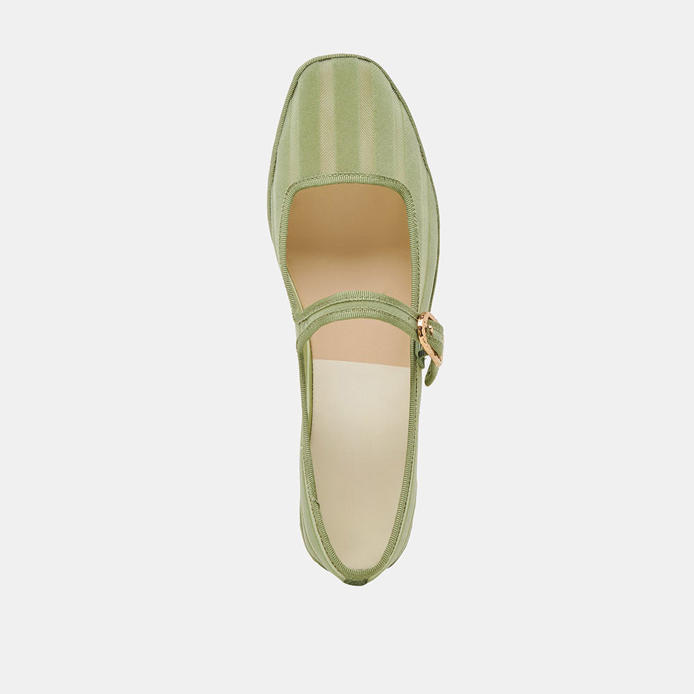 Classic Green Mesh Round Toe Stripes Buckle Strap Flats By FSJ