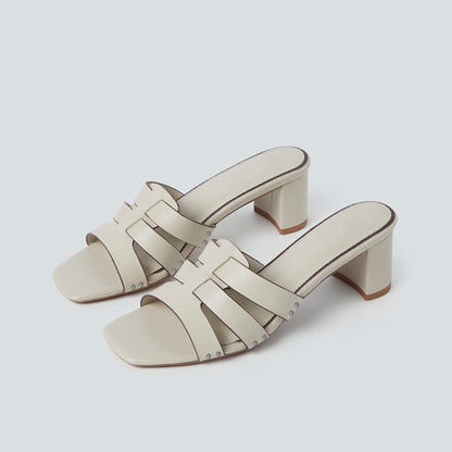 White Square Toe Chunky Heel Mules with Studs