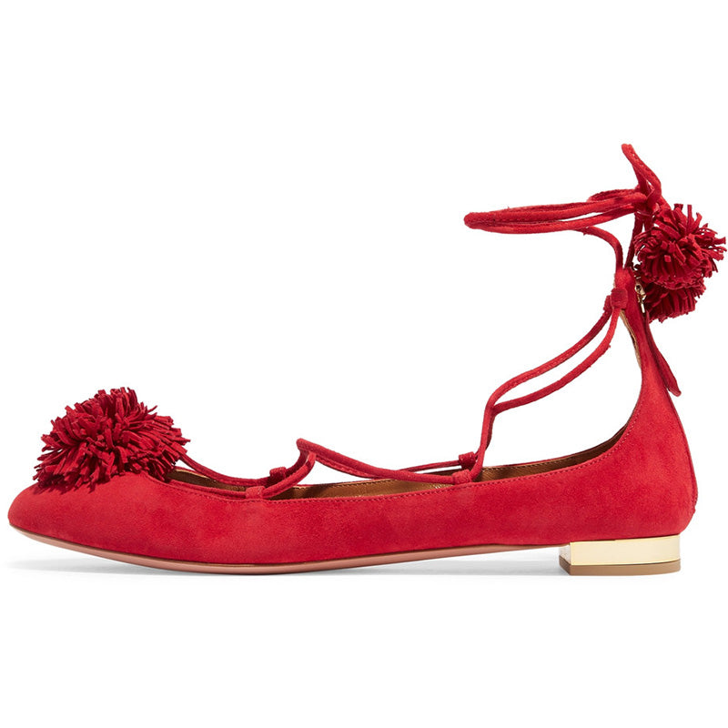 Red Round Toe Comfy Ballet Flats Lace Up Pom Pom Shoes for Women