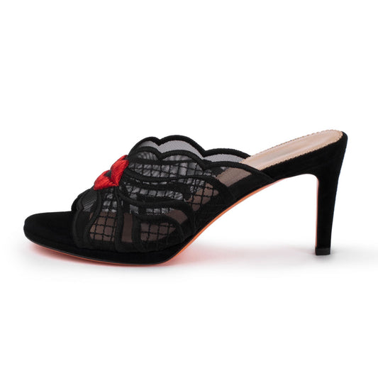 Black Curved Edge Open Toe Red Lips Embroidered Mule Heels