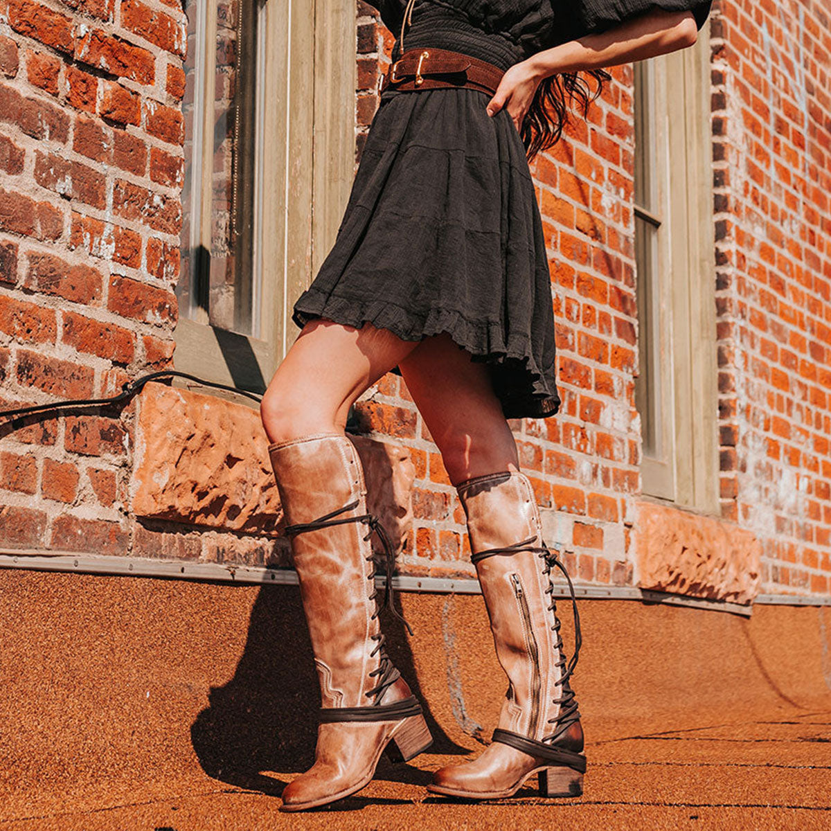 Light Brown Round Toe Lace-Up Stacked Heel Zipper Knee High Boots